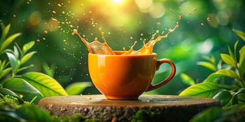 Surreal Orange Cup of Drink on Vibrant Green Background - Abstract Still Life Photography