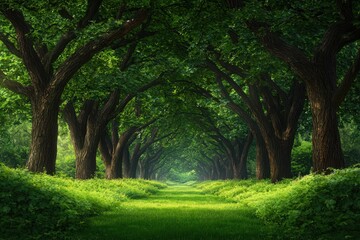 A serene pathway through a lush green forest, lined with tall trees, creating a tranquil and inviting atmosphere.