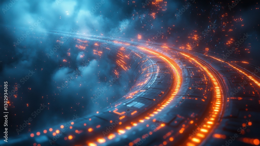 Poster futuristic technology scene with curved keypads in a foggy ambient setting