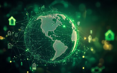 Obraz premium A glowing green globe representing an interconnected digital network, with home, person, and chart icons illustrating global connections and information flow