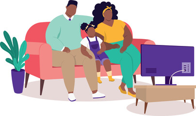 Plus Size Black Family With One Little Daughter Sitting On Couch Watching TV Together In The Living Room At Home.