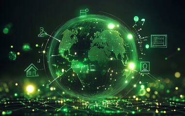 Obraz premium A glowing green globe representing an interconnected digital network, with home, person, and chart icons illustrating global connections and information flow