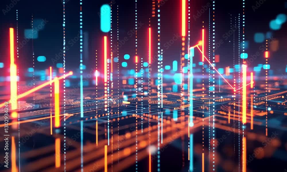 Poster visual representation of digital data flow with vibrant colors and patterns at night