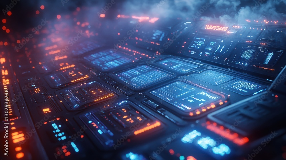 Poster futuristic technology scene with curved keypads in a foggy ambient setting