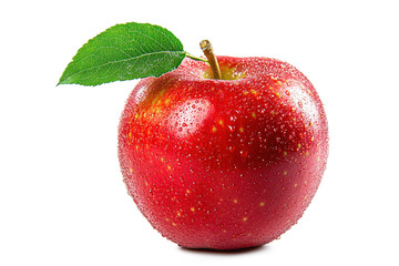 A fresh red apple with a single leaf, studio photography, white background, high resolution, no reflections
