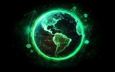 Obraz premium A glowing green globe symbolizing the interconnected global network, with digital earth design and icons representing home, person, and global connections and information flow
