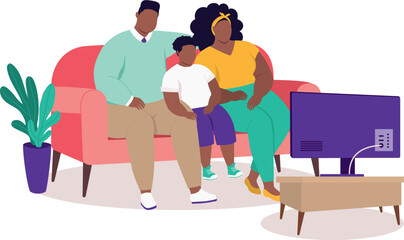 Plus Size Black Family With One Little Son Sitting On Couch Watching TV Together In The Living Room At Home.