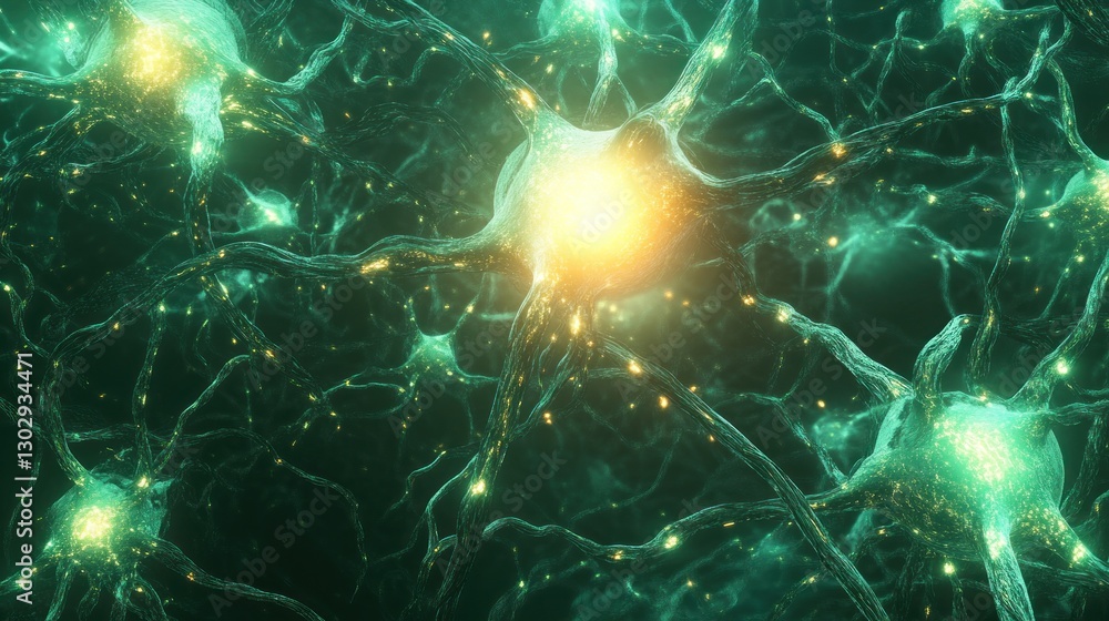 Poster close-up view of interconnected neurons with glowing synapses, illustrating brain activity.