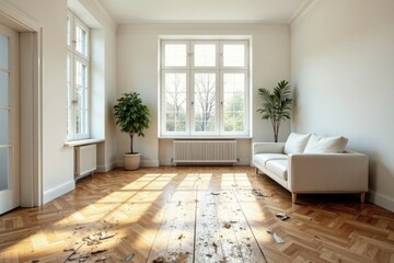 Fototapeta premium Sunlight streams through large windows illuminating a room with damaged hardwood flooring and a white sofa