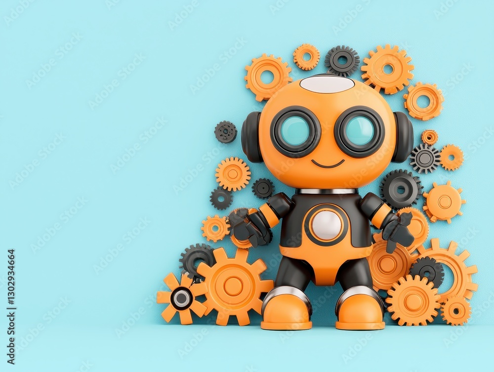 Poster playful robot character surrounded by colorful gears on a light blue background