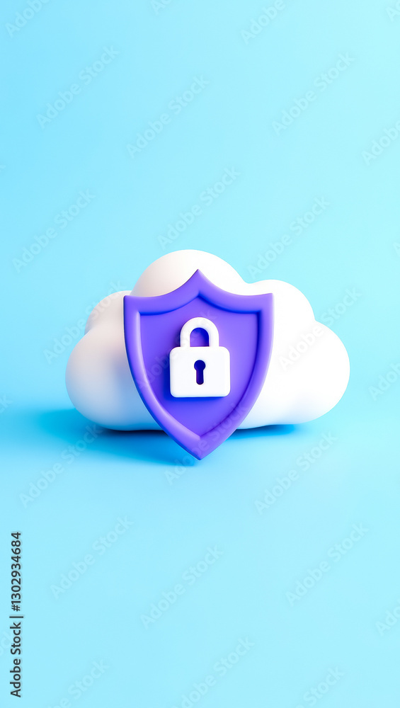 Poster 3d rendering of a cloud with a security shield and lock