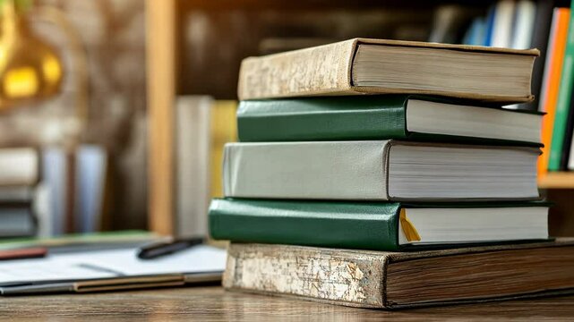Collection of vintage books stacked on a wooden desk in a cozy study area filled with reading materials and warm light