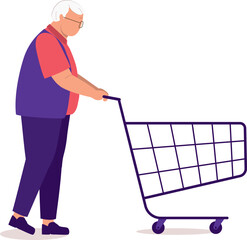 Side View Of An Elderly Man Walking While Pushing An Empty Shopping Cart.