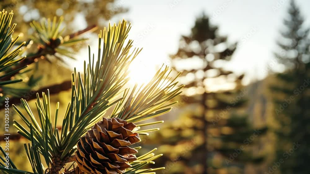 Poster sunlight filters through pine branches showcasing a pine cone in a serene forest setting