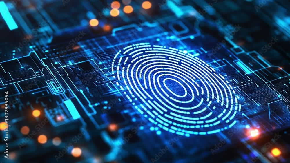 Poster digital fingerprint scan with high-tech security interface, cyber technology background