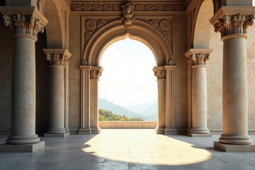 Naklejka premium A majestic arched entryway with classical columns, ornate detailing, and a serene landscape view beyond