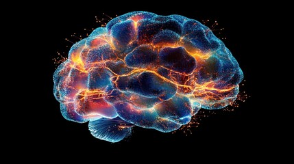 A vibrant, digital representation of a brain with glowing connections and energy.