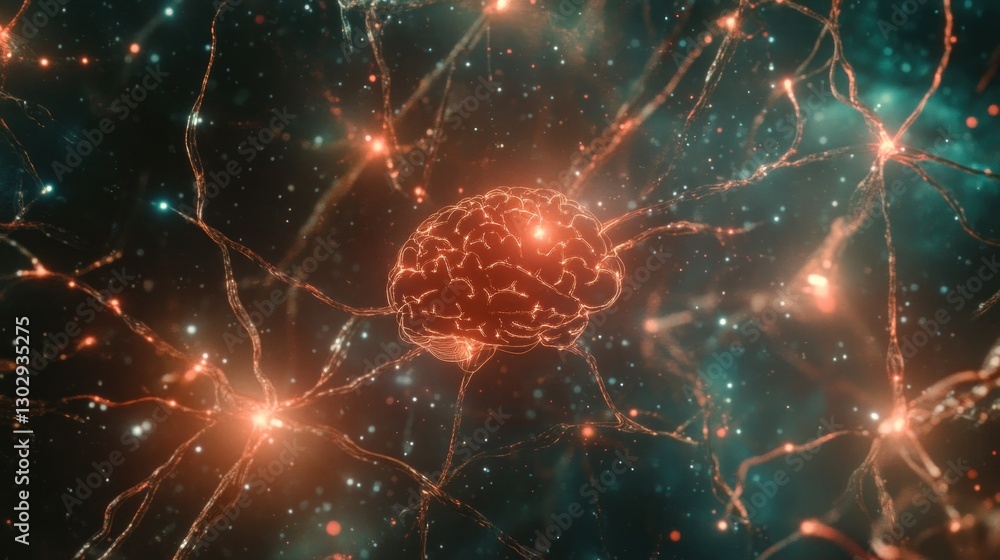 Poster a digital representation of a brain surrounded by neural connections and glowing particles.