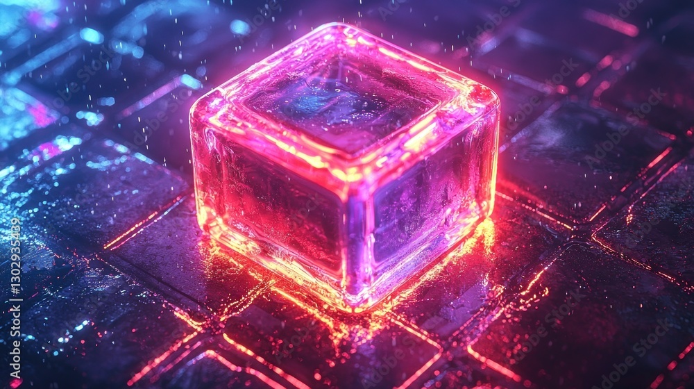 Poster glowing cube on a futuristic keyboard with digital rain