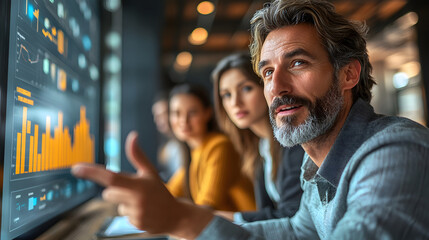 3D open-concept office where professionals are engaged in an energetic discussion, pointing at a large screen