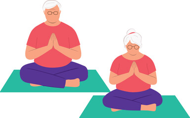 Elderly Couple In Activewear Sitting On Mat With Legs Crossed While Practicing Yoga In A Prayer Pose.