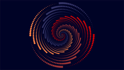A spiral pattern consisting of red, orange, and blue dots and blocks on a dark background. This pattern creates an eye-catching optical illusion.