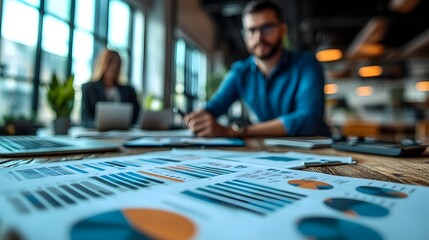 3D modern workspace with professionals discussing marketing plans using charts and graphs