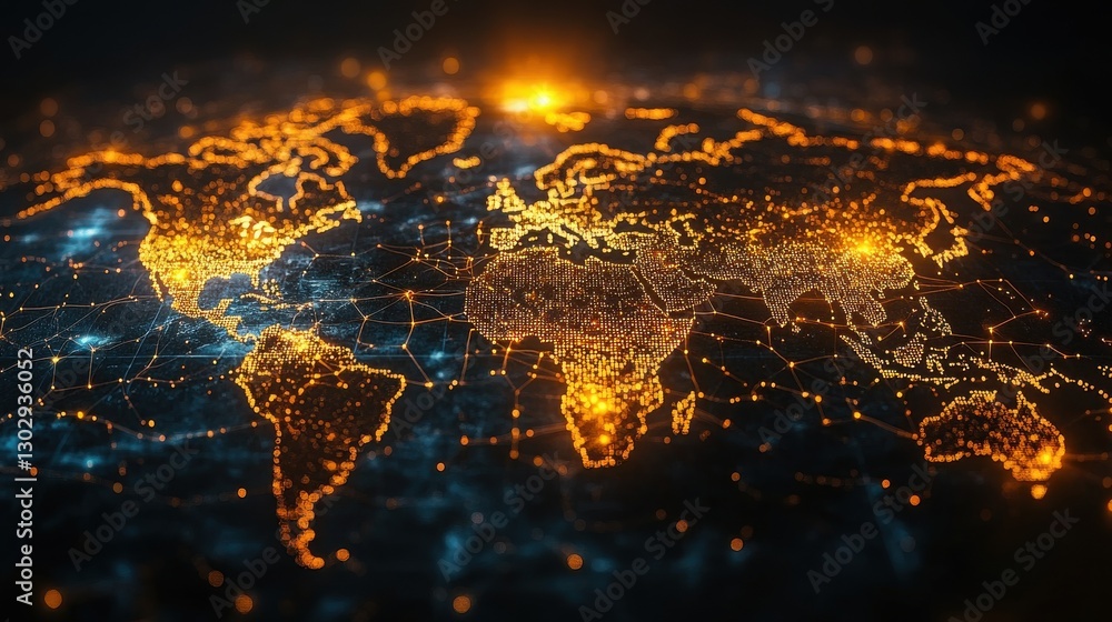 Poster global communication network concept with interconnected business nodes and human resources collabor