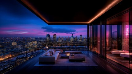 Obraz premium Urban Oasis: A stunning rooftop terrace overlooks a mesmerizing cityscape bathed in twilight hues, offering a luxurious and serene escape.