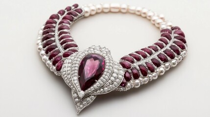 A luxurious necklace featuring pearls and vibrant red gemstones, showcasing elegance and craftsmanship.