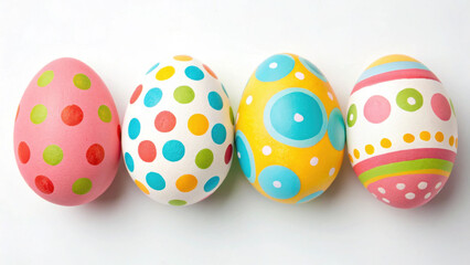 Fototapeta premium Easter eggs Colorful decorated Easter eggs arranged in a row on a white background.