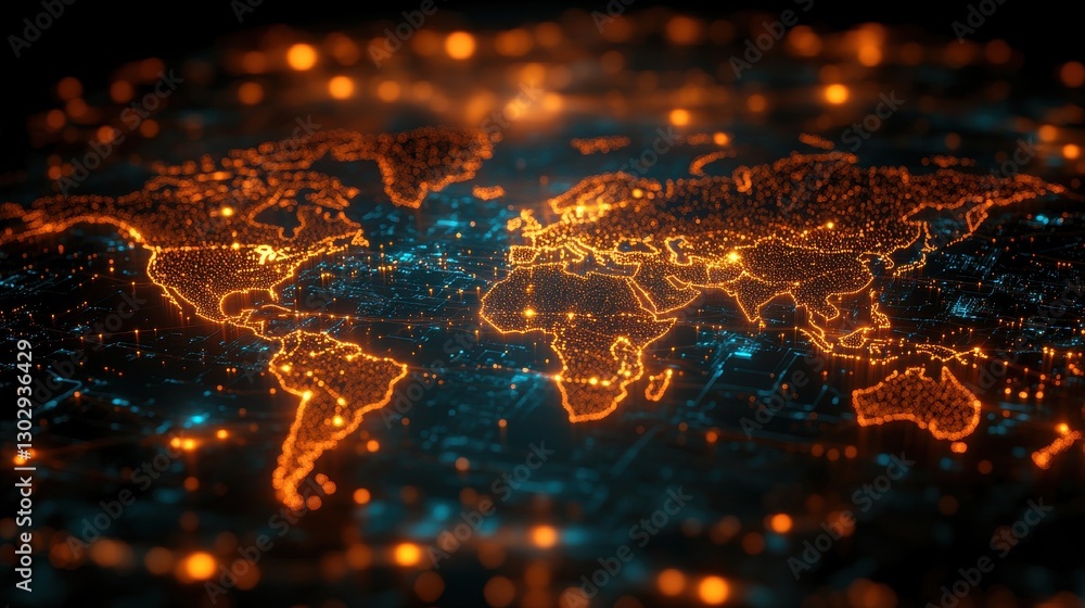 Poster glowing digital world map showing global connections and networks backgound