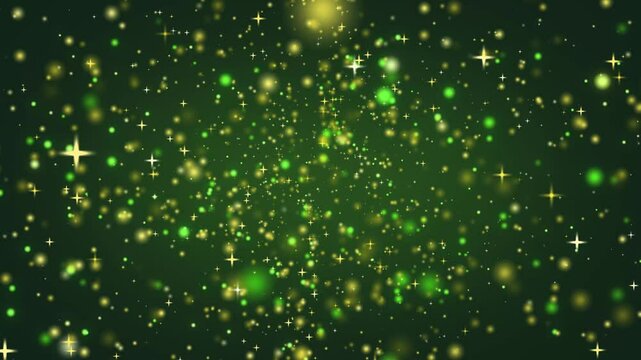 St. Patrick. Lucky shamrocks, shiny stars and glowing glittering particles on a dark green gradient background. This Saint Patrick's Day celebration party background animation is full HD.