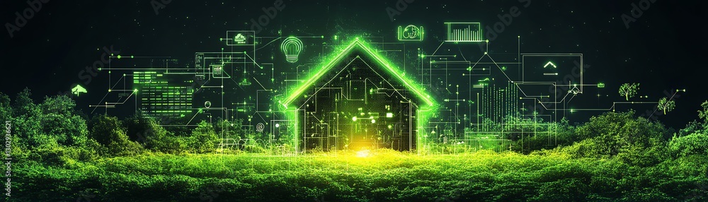 Poster digital earth with a glowing green globe displaying global connections, network icons for home, pers