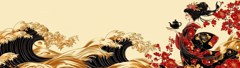 Fototapeta premium A serene scene featuring a woman in traditional attire against waves and blossoming flowers, evoking tranquility and cultural beauty.