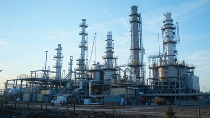 Industrial Oil Refinery With Tall Towers and Pipes Against a Clear Blue Sky During Daylight