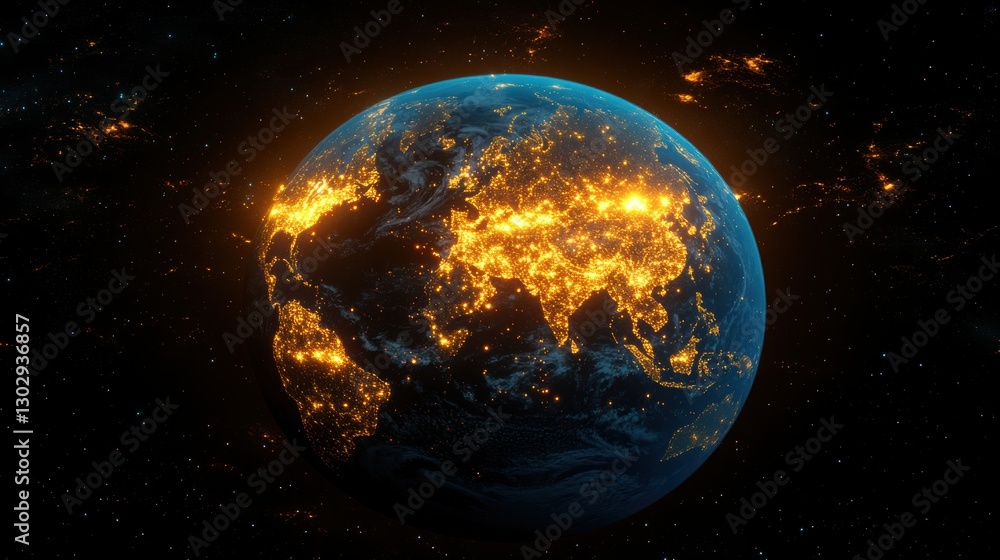 Poster glowing representation of earth with interconnected points symbolizing global communication technolo