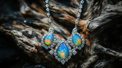 A stunning opal necklace with diamond accents, set against a textured wooden background.