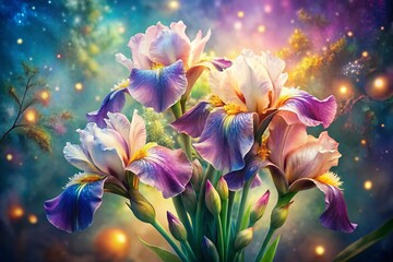 Fototapeta premium Surreal Watercolor Iris Bouquet: Ethereal Garden Art Design