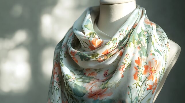 Elegant floral print scarf displayed on a dress form indoors