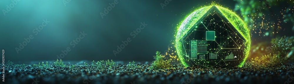 Poster futuristic glowing green globe representing a digital interconnected global network, showcasing icon