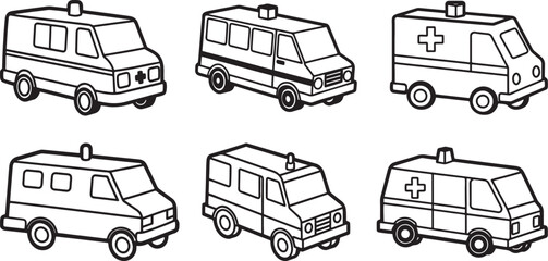 set of ambulance line art, black outline, vector and illustration, coloring book page line art © 69creativedesigner
