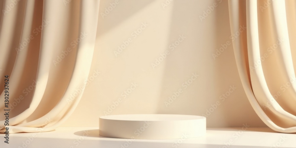 Fototapete elegant cream-colored draped fabric backdrop with circular display platform
