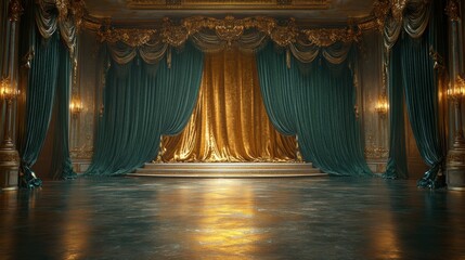 golden fabric and emerald green velvet curtains adorn a luxurious classical interior highlighting opulence and exquisite design this elegant scene radiates refinement and ceremonial grandeur