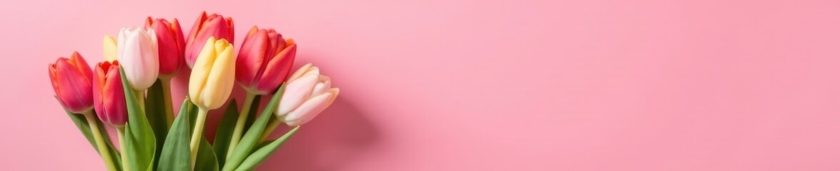 Fototapeta premium Pink background, symmetrical spring tulips in vase, flower arrangement, home decor