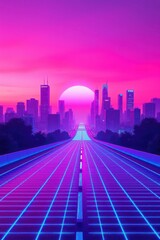 Retro futuristic cityscape with glowing road and sunset sky evokes 80s nostalgia and digital vibes.
