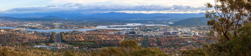 Panoramic view of Canberra, the capital of Australia. To the left is Parliament House, on the opposite bank of Lake Burley Griffin. 