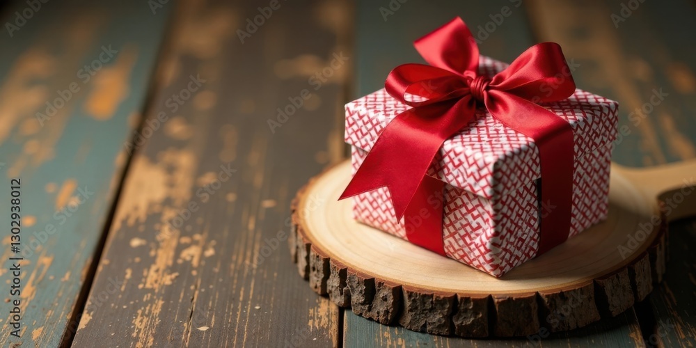 Poster a small gift box with a red ribbon sits on a rustic wooden slice