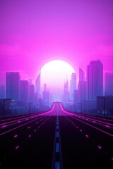 Obraz premium Futuristic cityscape at sunset with a road illuminated by neon lights, bright sky and towering buildings.