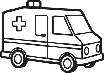 ambulance line art, black outline, vector and illustration, coloring book page line art